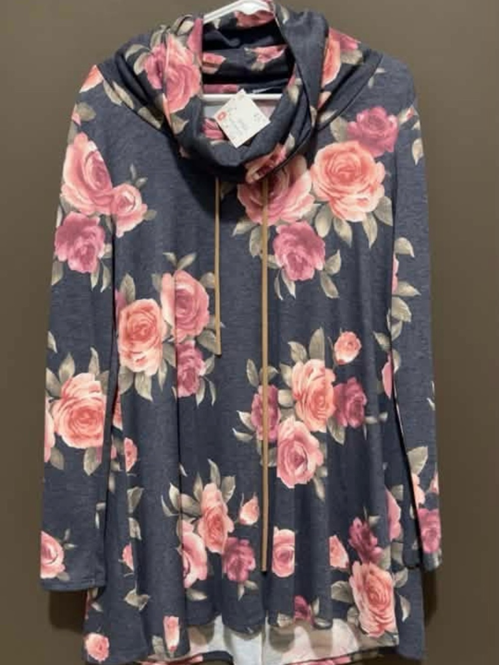 NWT SMALL Cowl Neck Floral Tunic - Navy with Pink Roses
